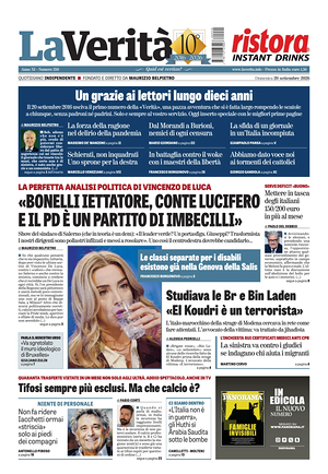 Prima pagina La Verità di oggi - Quotidiano nazionale
