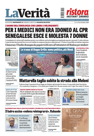 Prima pagina La Verità di oggi - Quotidiano nazionale