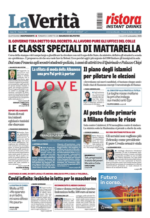 Prima pagina La Verità di oggi - Quotidiano nazionale