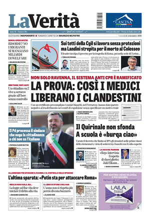 Prima pagina La Verità di oggi - Quotidiano nazionale