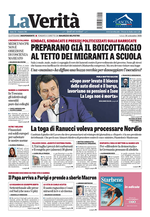 Prima pagina La Verità di oggi - Quotidiano nazionale