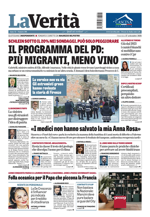 Prima pagina La Verità di oggi - Quotidiano nazionale