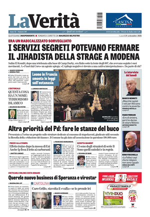 Prima pagina La Verità di oggi - Quotidiano nazionale