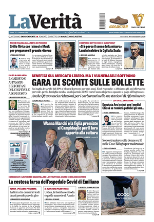 Prima pagina La Verità di oggi - Quotidiano nazionale