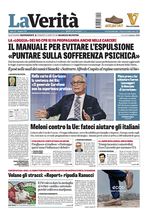 Prima pagina La Verità di oggi - Quotidiano nazionale