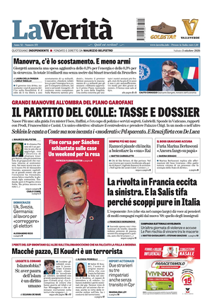Prima pagina La Verità di oggi - Quotidiano nazionale
