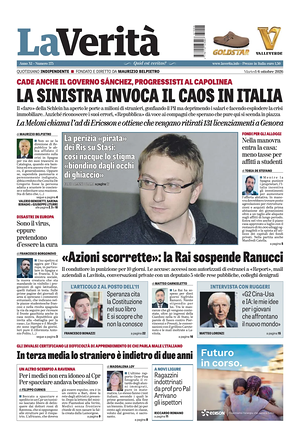 Prima pagina La Verità di oggi - Quotidiano nazionale