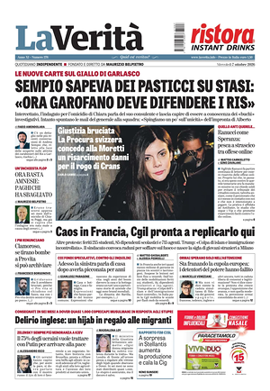 Prima pagina La Verità di oggi - Quotidiano nazionale