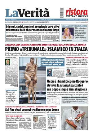 Prima pagina La Verità di oggi - Quotidiano nazionale