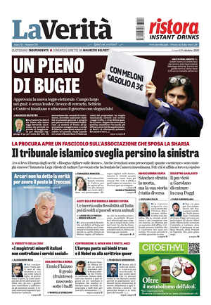 Prima pagina La Verità di oggi - Quotidiano nazionale