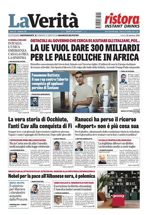 Prima pagina La Verità di oggi - Quotidiano nazionale