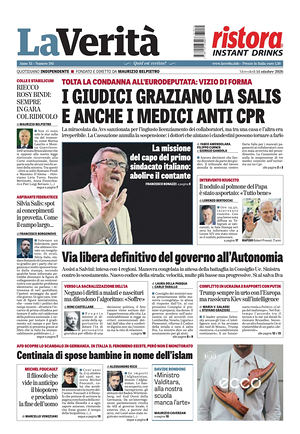 Prima pagina La Verità di oggi - Quotidiano nazionale