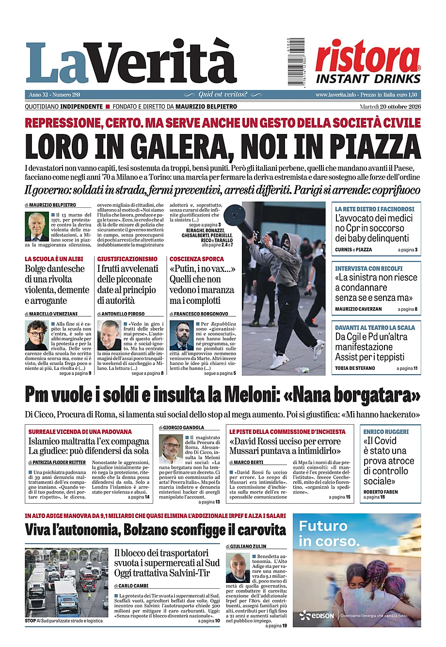 Prima pagina La Verità di oggi - Edicola 20 Ottobre 2026