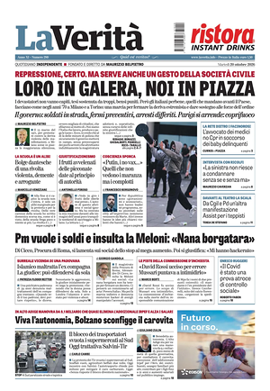 Prima pagina La Verità di oggi - Quotidiano nazionale