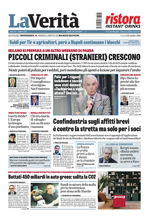 Prima pagina La Verità di oggi - Quotidiano nazionale