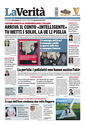 Prima pagina La Verità di oggi - Quotidiano nazionale