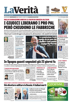 Prima pagina La Verità di oggi - Quotidiano nazionale
