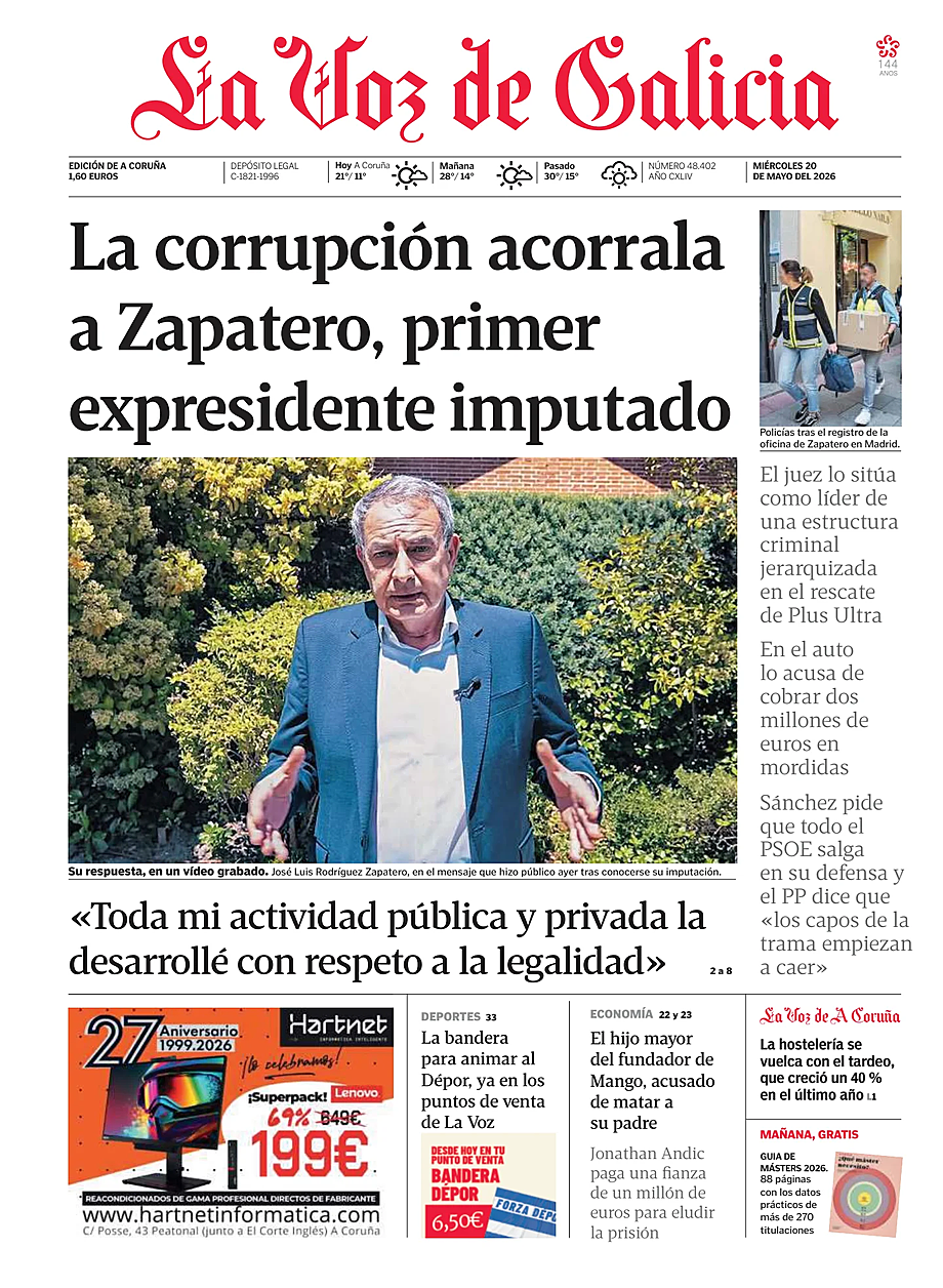 Portada La Voz de Galicia de hoy - Quiosco 20 mayo 2026