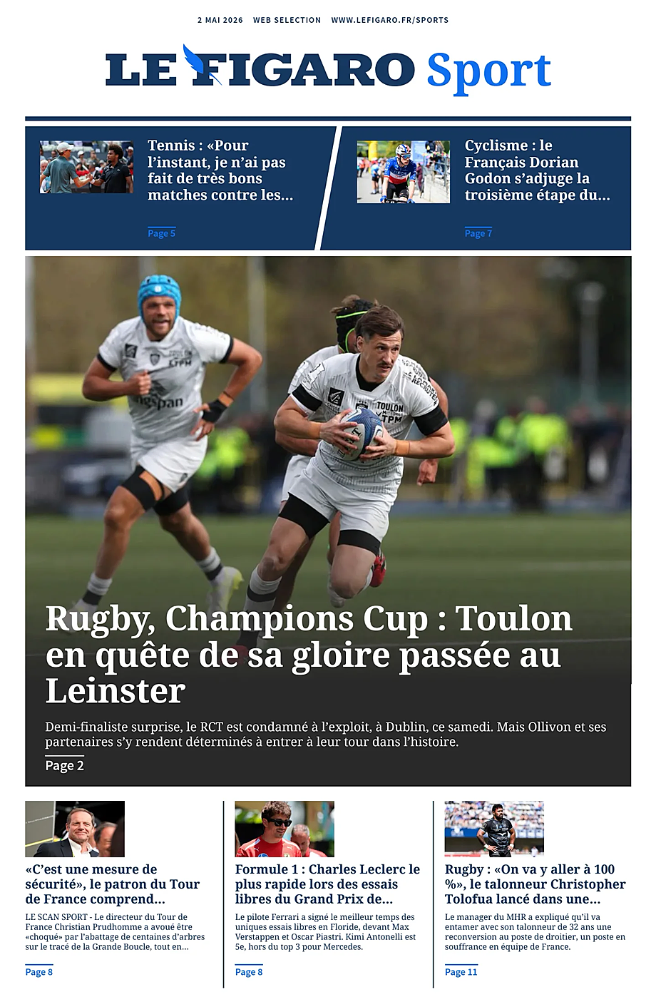 Une de Le Figaro Sport du jour - Presse 2 mai 2026