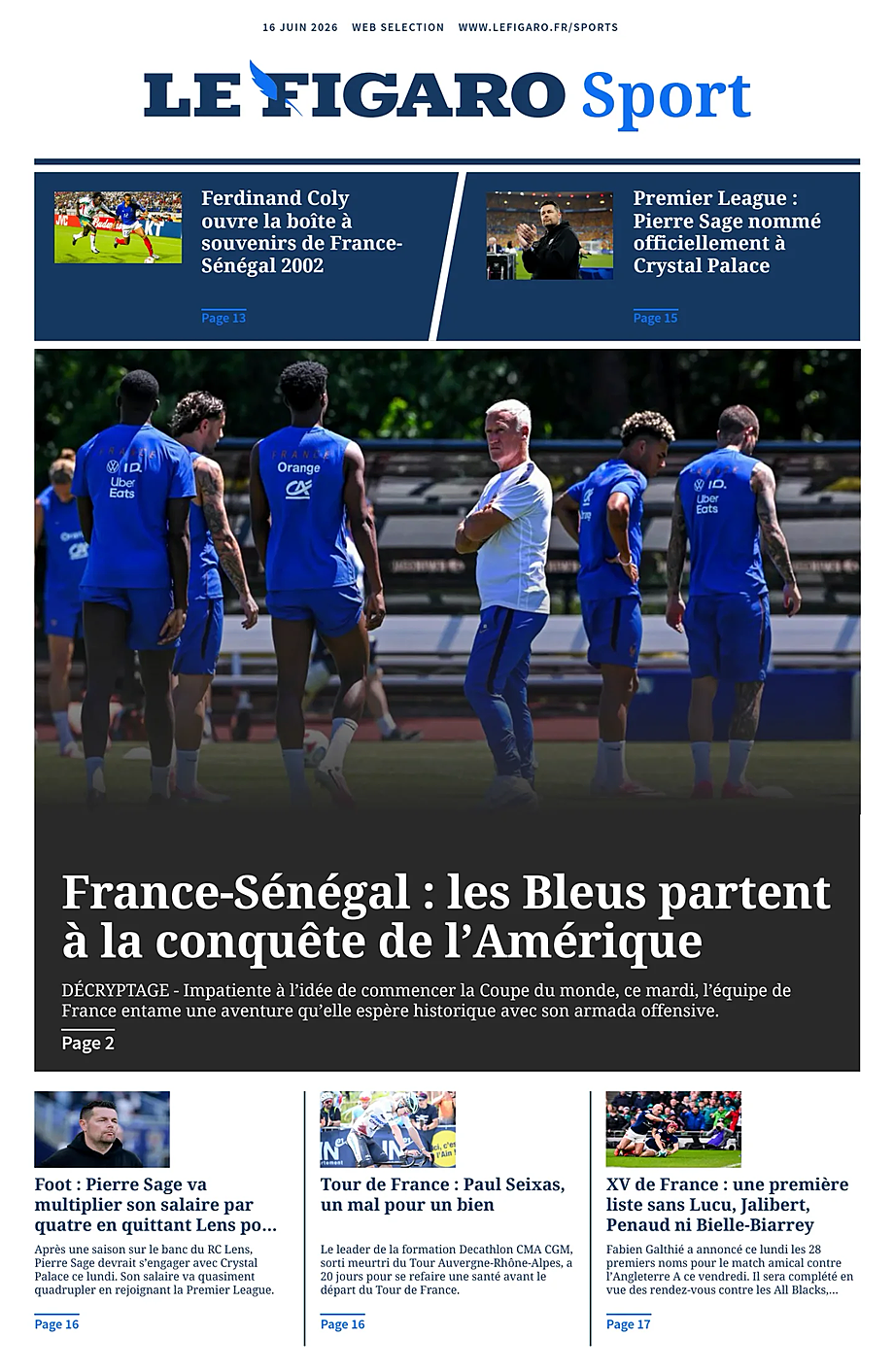 Une de Le Figaro Sport du jour - Presse 16 juin 2026