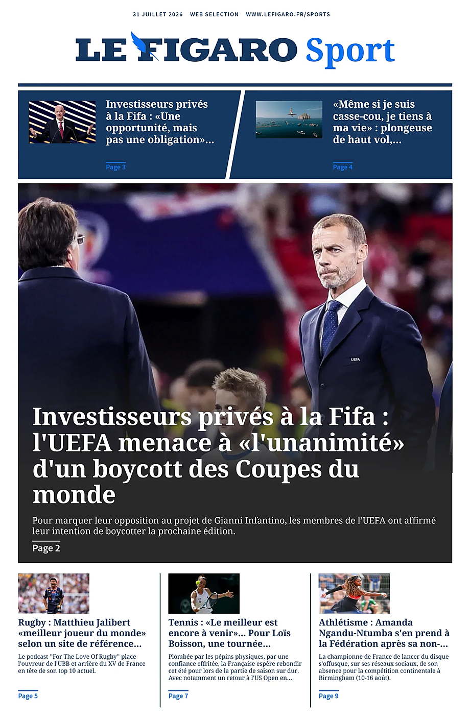 Une de Le Figaro Sport du jour - Presse 31 juillet 2026