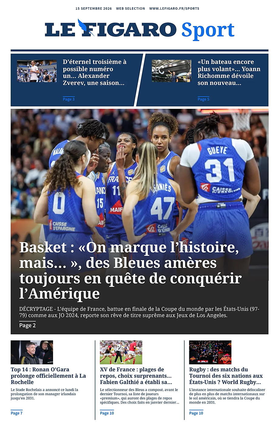 Une de Le Figaro Sport du jour - Presse 15 septembre 2026