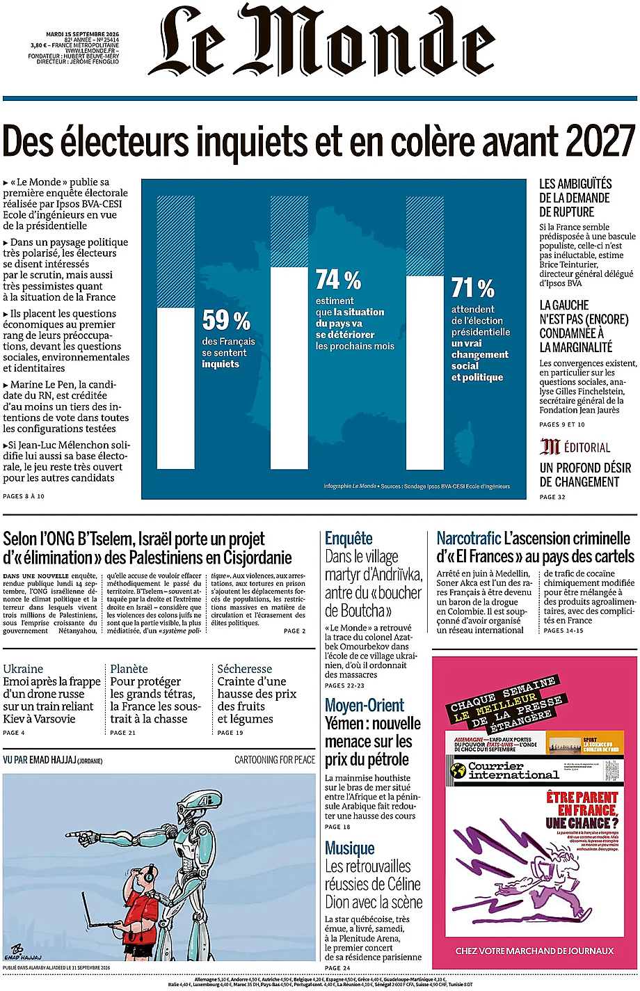 Une de Le Monde du jour - Presse 15 septembre 2026