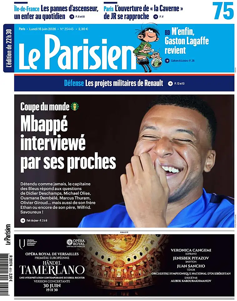 Une de Le Parisien du jour - Presse 15 juin 2026