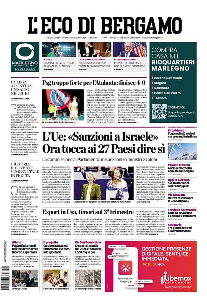 Prima pagina L'Eco di Bergamo di oggi - Edicola 18 Settembre 2025