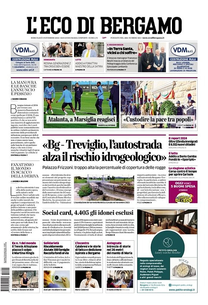 Prima pagina L'Eco di Bergamo di oggi - Edicola 5 Novembre 2025