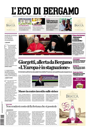 Prima pagina L'Eco di Bergamo di oggi - Quotidiano regionale