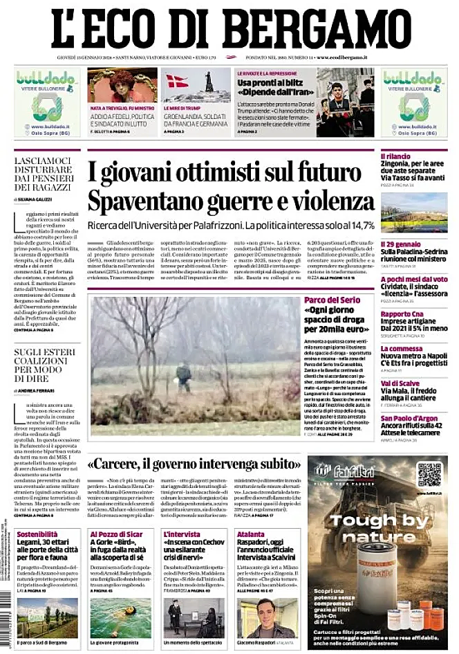 Prima pagina L'Eco di Bergamo di oggi - Edicola 15 Gennaio 2026