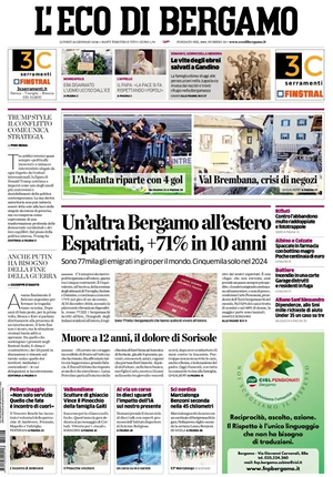 Prima pagina L'Eco di Bergamo di oggi - Quotidiano regionale