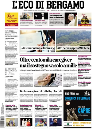 Prima pagina L'Eco di Bergamo di oggi - Quotidiano regionale