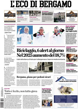 Prima pagina L'Eco di Bergamo di oggi - Quotidiano regionale