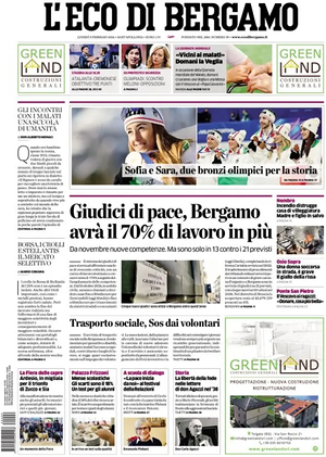 Prima pagina L'Eco di Bergamo di oggi - Quotidiano regionale
