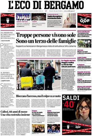 Prima pagina L'Eco di Bergamo di oggi - Quotidiano regionale
