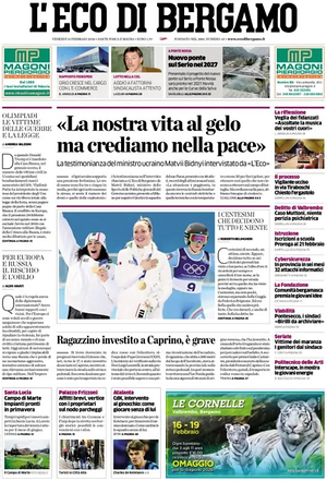 Prima pagina L'Eco di Bergamo di oggi - Quotidiano regionale