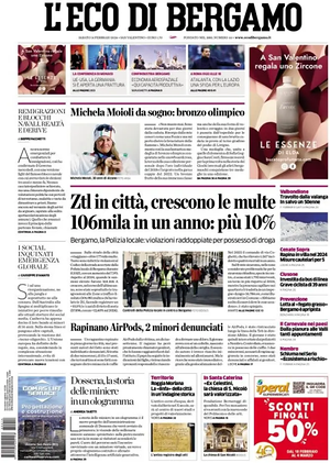 Prima pagina L'Eco di Bergamo di oggi - Quotidiano regionale