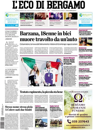 Prima pagina L'Eco di Bergamo di oggi - Quotidiano regionale