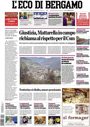 Prima pagina L'Eco di Bergamo di oggi - Quotidiano regionale