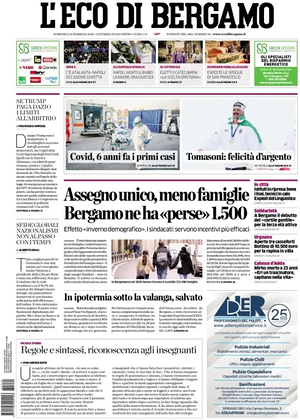 Prima pagina L'Eco di Bergamo di oggi - Quotidiano regionale