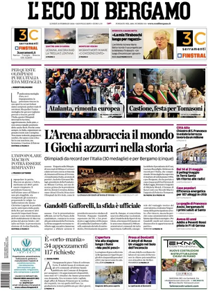 Prima pagina L'Eco di Bergamo di oggi - Quotidiano regionale