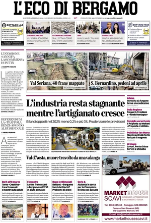 Prima pagina L'Eco di Bergamo di oggi - Quotidiano regionale