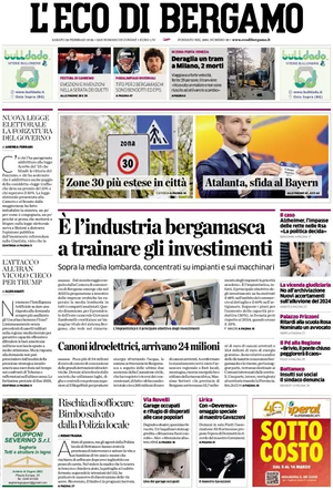 Prima pagina L'Eco di Bergamo di oggi - Quotidiano regionale