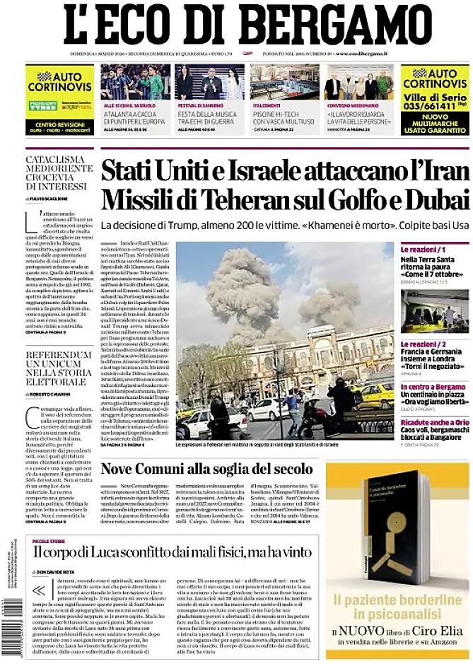 Prima pagina L'Eco di Bergamo di oggi - Edicola 1 Marzo 2026