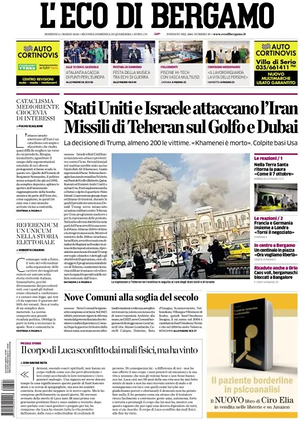Prima pagina L'Eco di Bergamo di oggi - Quotidiano regionale