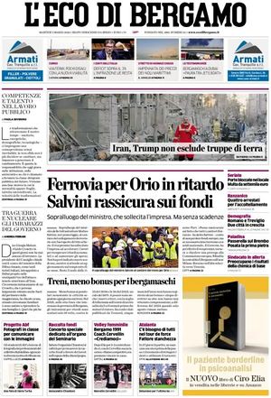Prima pagina L'Eco di Bergamo di oggi - Quotidiano regionale