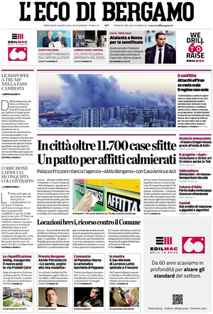 Prima pagina L'Eco di Bergamo di oggi - Quotidiano regionale