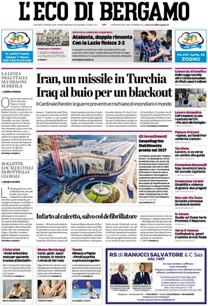 Prima pagina L'Eco di Bergamo di oggi - Quotidiano regionale